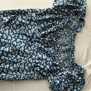 Floral Blue and White Smocked Top
